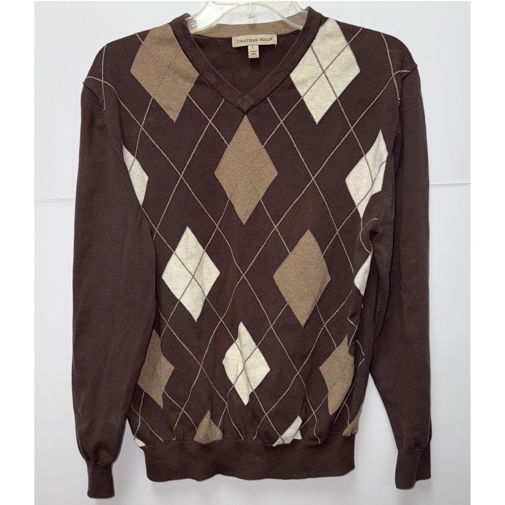 Chatham Road Men VNeck Argyle Sweater L Brown Long Sleeve Cotton Preppy Academia